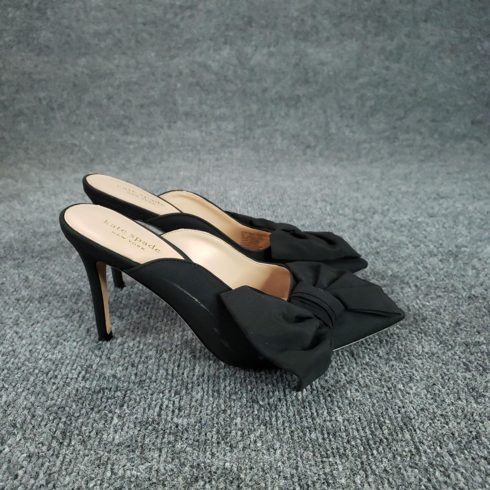 Kate Spade Sheela Shoes Womens Size 7 Black Bow Mule Heels Slip On Pointed Toe